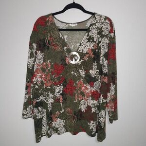 Bechamel Women's size 3X Green‎ Floral Print Ruched Front 3/4 Sleeve Top Stretch